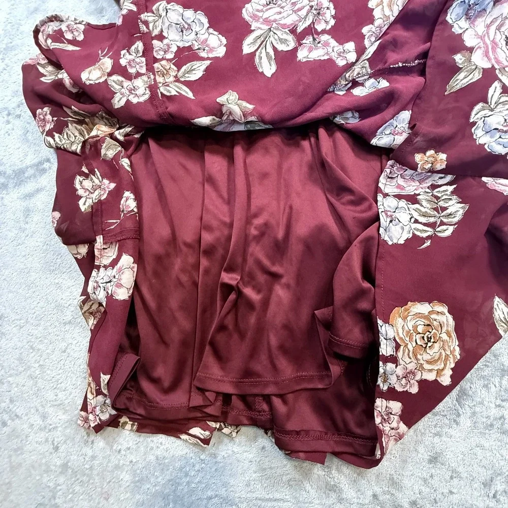 Maurices XXL Burgundy Floral Ruffle Faux Wrap Dress Long Sleeve Boho Midi - Picture 14 of 16